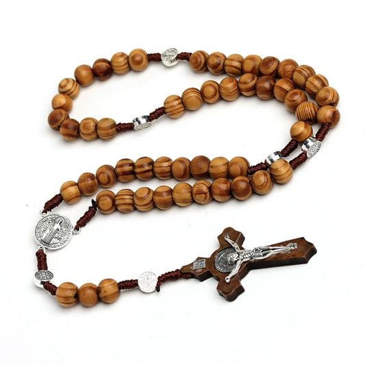 Natural Wood Beaded Rosary Necklace