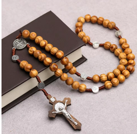 Natural Wood Beaded Rosary Necklace