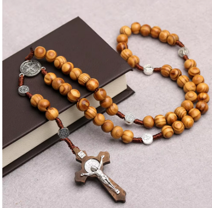 Natural Wood Beaded Rosary Necklace