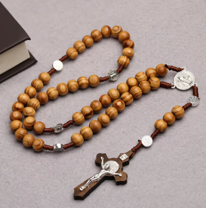 Natural Wood Beaded Rosary Necklace