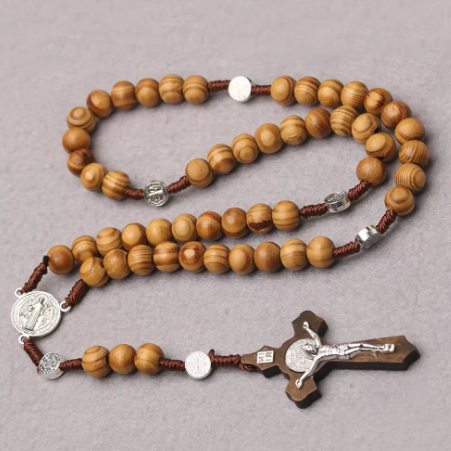 Natural Wood Beaded Rosary Necklace